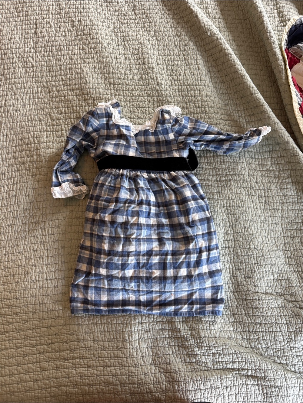 Girls Blue Plaid Long-Sleeve Dress with Black Waistband